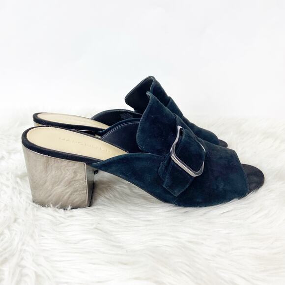 Marc Fisher 9 M Womens Black Suede Rima Buckle Slide Mule Mirror Heels Sandals - Picture 2 of 13